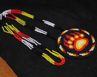 Black Bear-paw Handmade Native American Style Beaded Medallion Necklace  Beaded Pendant