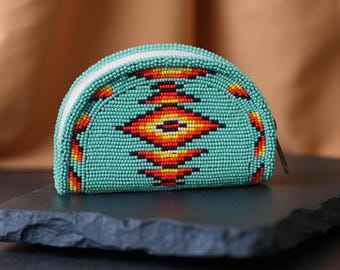 Sky-Blue Handmade Native American Style Beaded Coin Purse Small Beaded Pouch Gift for her