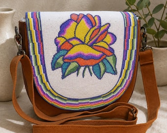 Handmade Beaded Native Inspired Hummingbird Colorful Boho Shoulder Crossbody Bag,  Artisan Leather Purse,  Nature Lover  Gift for her / him