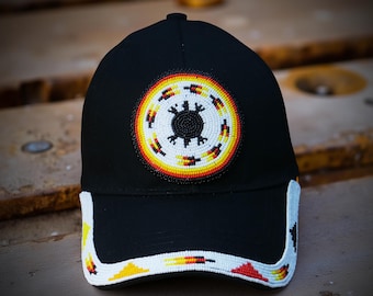 Handmade Native American Style Beaded Baseball Cap, White Turtle Design