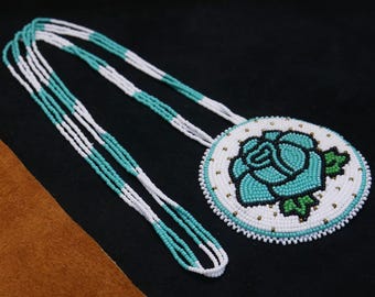 Rose Handmade Native American Beaded Medallion Necklace  Beaded Pendant