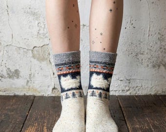 Calcetines de lana de punto Air Isle Folk, con estampado de animales nórdicos, estilo étnico, regalo para él/ella, cálida mezcla de alpaca.