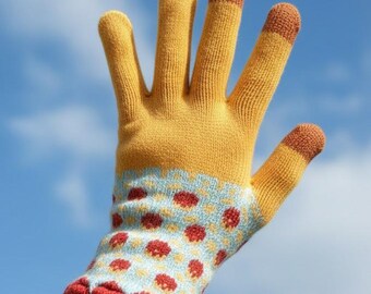 Guantes de punto con estampado floral desigual, estilo vintage cottagecore, bonitos y cálidos accesorios de lana con bloques de color, un regalo suave para ella.