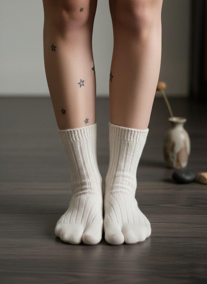 Puede incluir: Un par de calcetines de punto acanalado blanco roto con dise&ntilde;o de puntera dividida. Los calcetines se llevan en pies con tatuajes de estrellas en las piernas. Los calcetines est&aacute;n sobre un suelo de madera oscura.