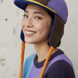 Peut inclure: Un bonnet tricoté avec des cache-oreilles et une visière, dans des tons de marron, violet, bleu et jaune. Le chapeau a de longues tresses oranges. La personne porte un pull color-block avec des sections bleues, violettes et marron.