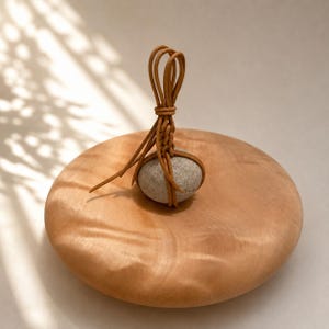 Op de afbeelding: Een gladde, ronde, lichtgekleurde houten schijf dient als basis voor een grijze, gespikkelde, ovale steen. De steen is vastgezet met een beige leren koord dat ingewikkeld is geknoopt en gelust om een decoratief handvat naar boven te vormen.