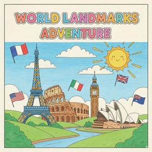 World Landmarks Adventure | Kids&#39; Fun Landmark Coloring Book | 13 Iconic World Pages for Toddlers & Kids