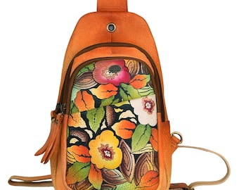 Moroccan Meadow Hand Painted Leather Crossbody Bag | Handmade Artistic Purse | Genuine Leather Sling Bag Gift for Women