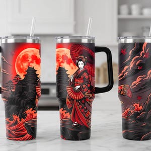 May include: Three stainless steel tumblers with handles and straws, featuring a graphic illustration of a geisha holding a red umbrella and fan, a large red moon, a traditional pagoda, and stylized red waves against a dark black background.