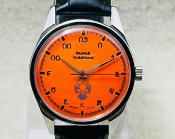 Vintage HMT Kannada Gandaberunda Mechanical Watch: Saffron Dial, 17 Jewels, Made in India