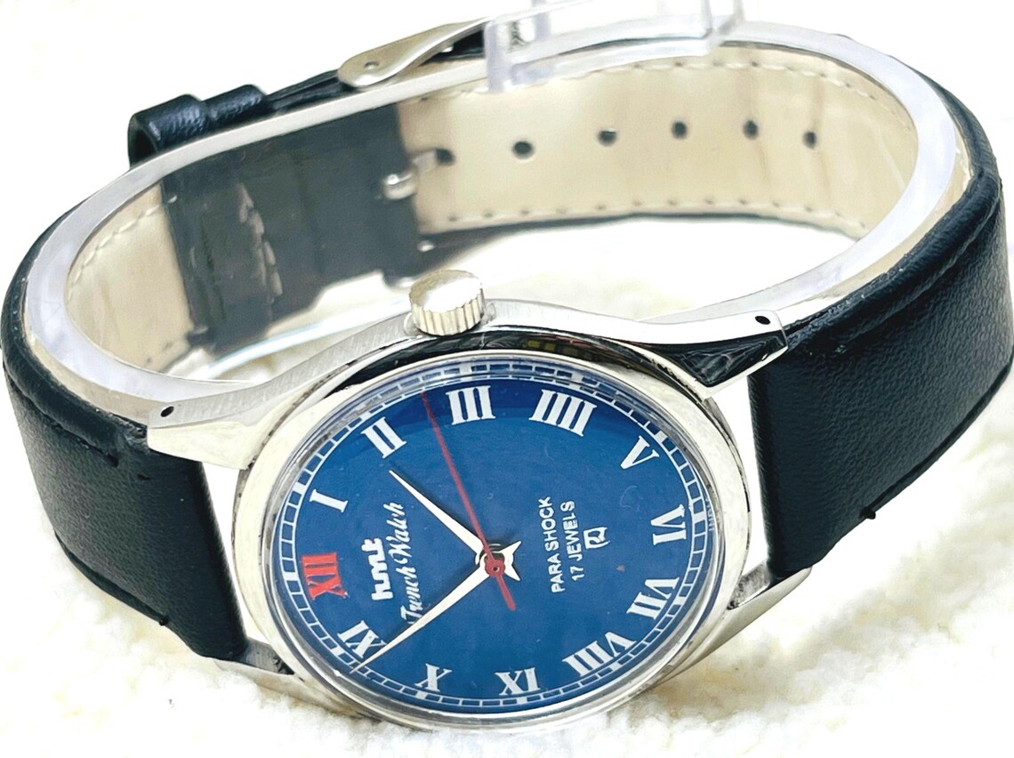 Vintage HMT French Mechanical Watch: Blue dial Roman Numerals, 17 Jewels Made in India, photo 3 sur 5
