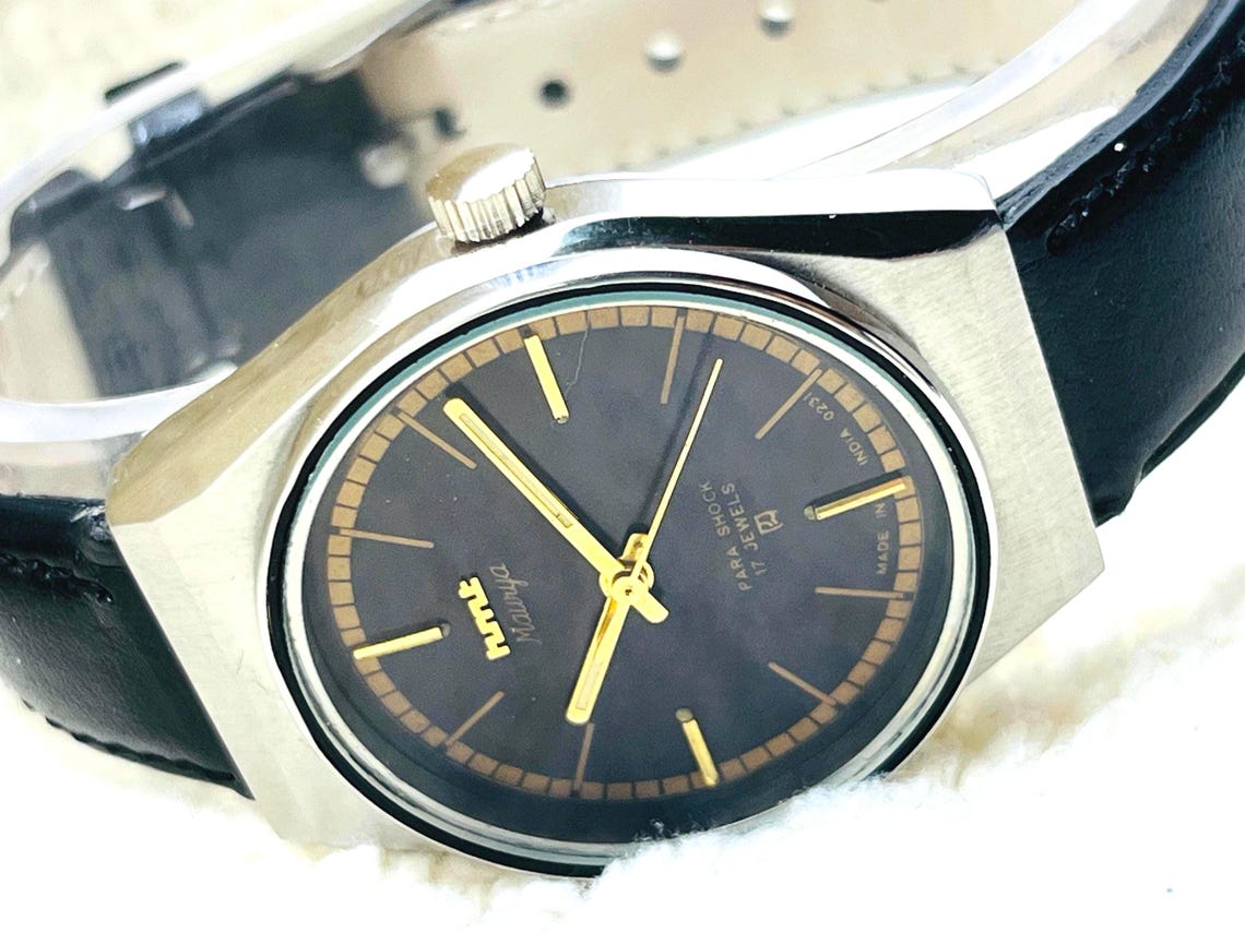 Vintage HMT Maurya Black Dial Mechanical Watch: 17 Jewels Manual-Winding Made In India, photo 2 sur 5