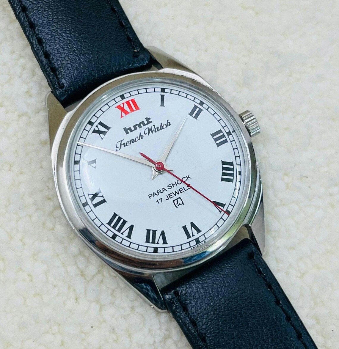 Vintage HMT French Mechanical Watch: Roman Numerals, 17 Jewels, foto 2 de 5