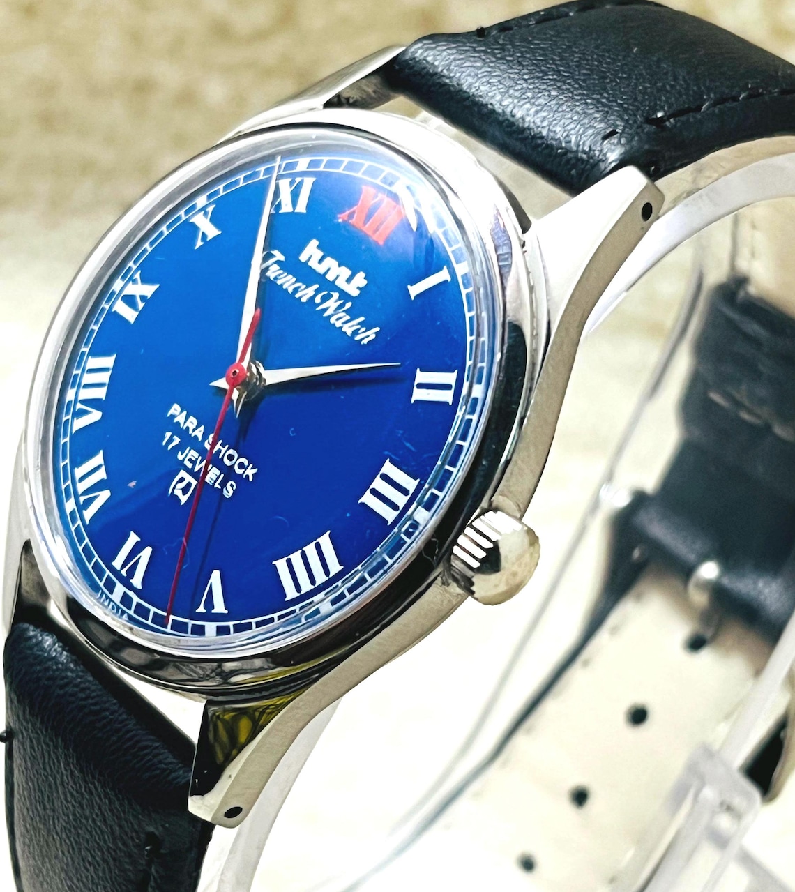 Vintage HMT French Mechanical Watch: Blue dial Roman Numerals, 17 Jewels Made in India, photo 2 sur 5