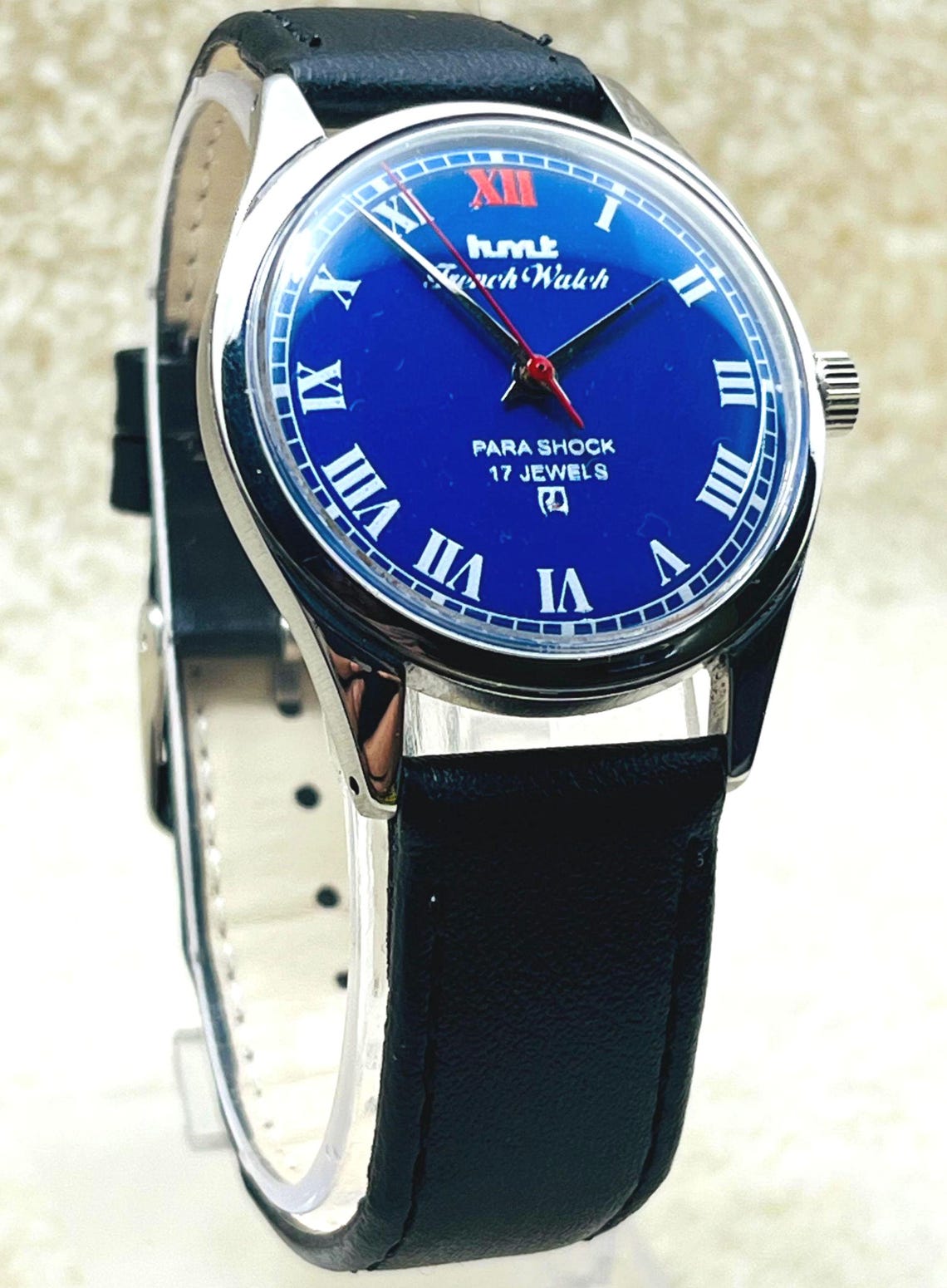 Vintage HMT French Mechanical Watch: Blue dial Roman Numerals, 17 Jewels Made in India, photo 4 sur 5