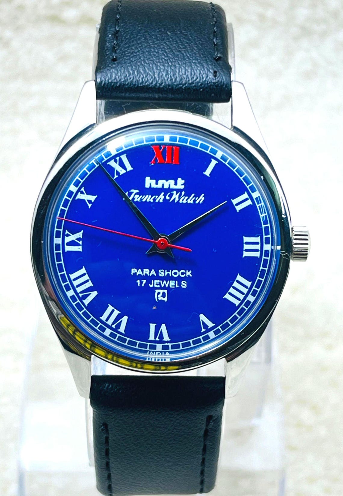 Vintage HMT French Mechanical Watch: Blue dial Roman Numerals, 17 Jewels Made in India, photo 1 sur 5