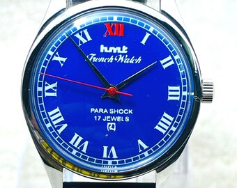 Vintage HMT French Mechanical Watch: Blue dial Roman Numerals, 17 Jewels Made in India