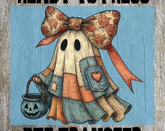 May include: A whimsical DTF transfer design featuring a ghost character with a patchwork outfit, a rose-patterned bow, and a pumpkin bucket. The text "READY TO PRESS" and "DTF TRANSFER" are displayed in black.