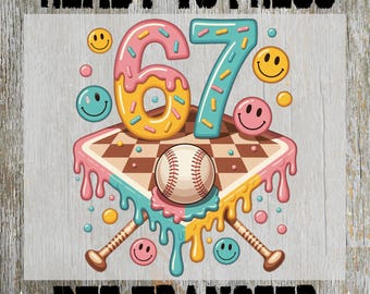 May include: A colorful DTF transfer design featuring the number 67 in a donut-style font, a baseball, and smiley faces. The design includes the text "READY TO PRESS" and "DTF TRANSFER" in a bold font, with star accents.