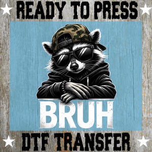 Funny Bruh Raccoon DTF Heat Transfer, Camo Style Hat and Sunglasses Ready to Press