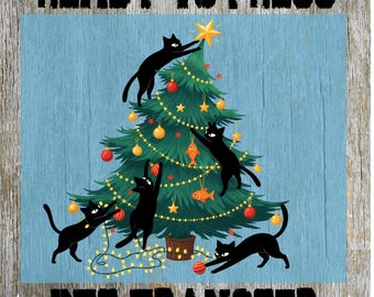 Funny Christmas Cat & Tree DTF Heat Transfer: Ready to Press