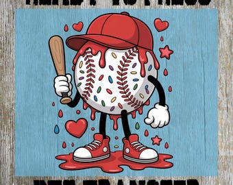 May include: A cartoon baseball character with a red cap, holding a bat, and wearing red sneakers. The baseball is decorated with colorful sprinkles and dripping red icing. The words "READY TO PRESS" and "DTF TRANSFER" are at the top and bottom.