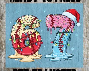 May include: A DTF transfer design featuring the numbers 6 and 7, styled as baseballs with frosting and sprinkles. Number 7 has a Santa hat. The numbers are decorated with string lights. The words "READY TO PRESS" and "DTF TRANSFER" are at the top and bottom.