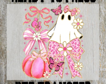 October Pink Bow Fall Ready to Press: Breast Cancer Awareness Heat Transfer, Ghost Design
