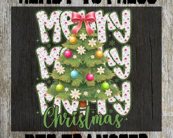 May include: A DTF transfer with a Christmas theme. The design features the words "Merry Christmas" in a floral font, with a decorated Christmas tree in the center. The tree is adorned with ornaments and topped with a pink bow.