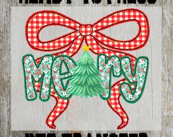 May include: A festive DTF transfer design with the words "MERRY" in a floral pattern, a green Christmas tree, and a red and white gingham bow. The text "READY TO PRESS" and "DTF TRANSFER" are also included.