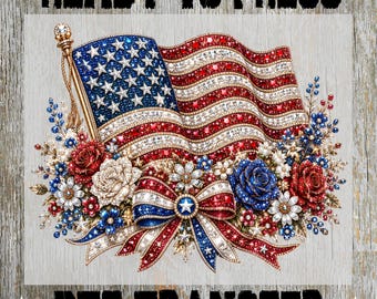 May include: A patriotic design featuring a sparkling American flag with red, white, and blue embellishments. The flag is surrounded by floral arrangements and a bow. The text "READY TO PRESS" and "DTF TRANSFER" are displayed.