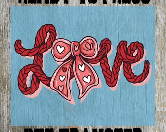 Crochet Bow Valentines Day Love Ready to Press: Faux Yarn Heat Transfer, Love Design