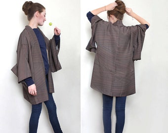 Vintage silk haori jacket. Dark chocolate brown/ grey silk gown/ oversized cardigan. One size