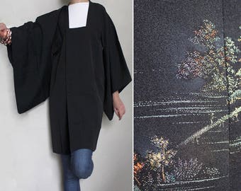 Vintage Silk Haori Jacket. Black Silk with Lamé Landscape Pattern. One Size MEdium / Large