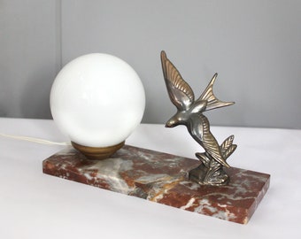 French 1930s Art Deco bedside table lamp/ night light.  Marble, metal, glass.