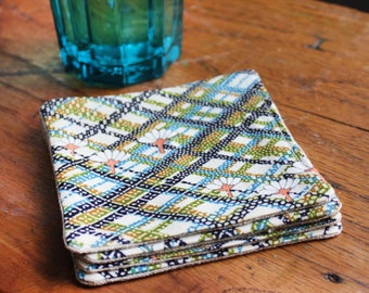 Set of Four sewn kimono coasters. Retro plaid vintage kimono fabric. Teal, pink. Handmade. zero waste