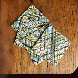 Set of Four sewn kimono coasters. Retro plaid vintage kimono fabric. Teal, pink. Handmade. zero waste image 3