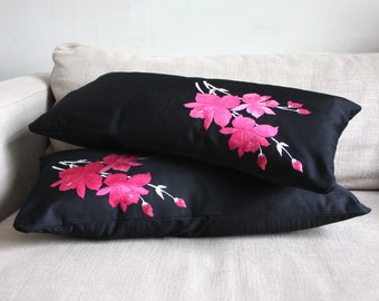 Black silk decorative pillow cover from kimono obi sash. Embroidered with magenta and gold flowers. 30x65cm / 12x26''