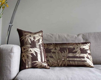 Golden bamboo decorative pillows covers from vintage Japanese obi sash and linen