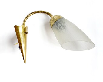 1950s wall sconce. White tulip glass lampshade, brass gooseneck, mid century modern wall light