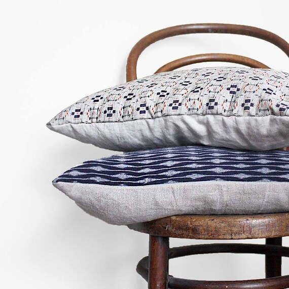 Grey blue Ikat Decorative Pillow. Vintage kimono Grey indigo Etsy
