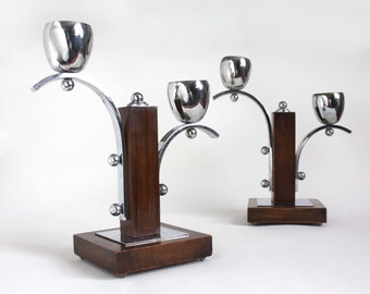 Pair of double Art Deco candle holders / mantel candlestick holders, dark wood and chrome