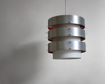 1960s pendant light, tiered aluminium, white, red ceiling light / kitchen light / minimalist industrial vintage