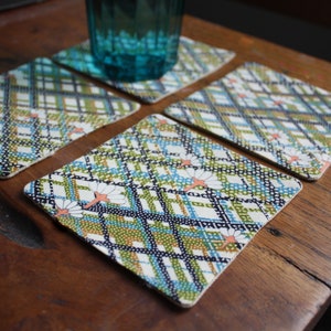 Set of Four sewn kimono coasters. Retro plaid vintage kimono fabric. Teal, pink. Handmade. zero waste image 4