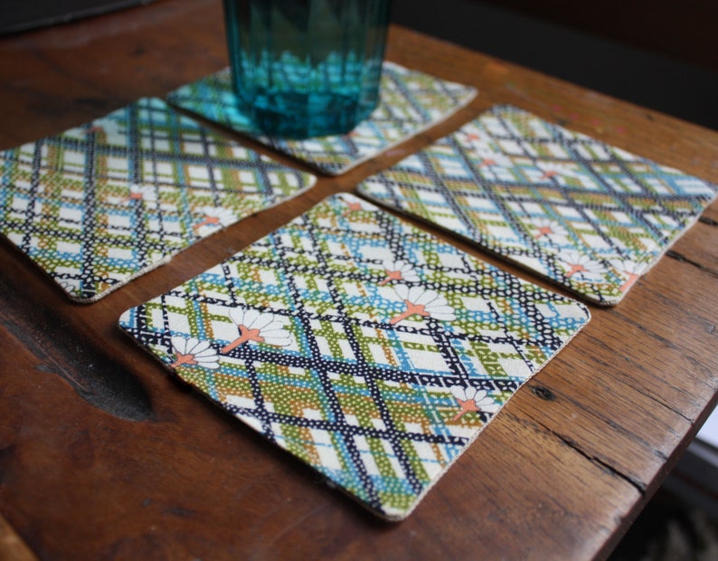 Set of Four sewn kimono coasters. Retro plaid vintage kimono fabric. Teal, pink. Handmade. zero waste image 4