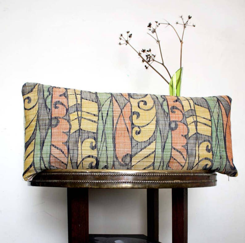 Lumbar Green Orange Tropical Pillow /jacquard Cushion Cover. Recycled Vintage Obi Sash. 30x65cm 12x26'' or 30x60. image 3