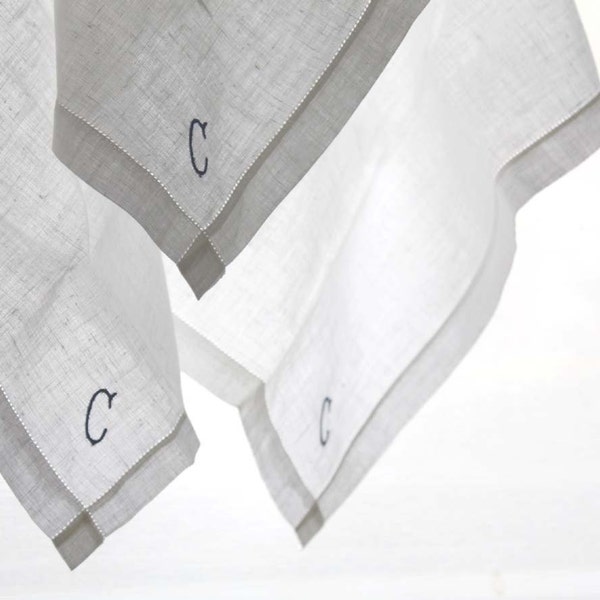 C Monogrammed Embroidered Handkerchiefs. White Cotton and Navy.  Gift Idea For Him