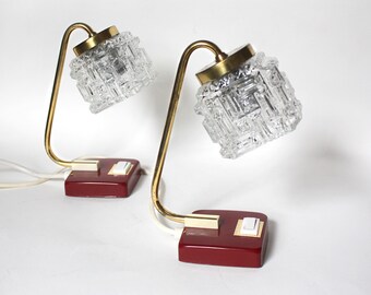 Pair of 1960s table lamps. Deep red, brass and ice glass. Midcentury modern night lights