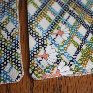 Set of Four sewn kimono coasters. Retro plaid vintage kimono fabric. Teal, pink. Handmade. zero waste image 6