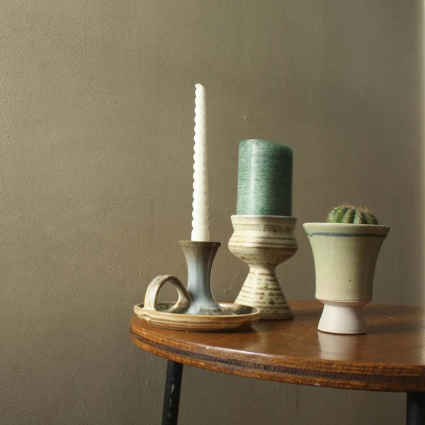 Vintage Irish Pottery Candle Holders. Instant Collection of Three. Ceramic Stoneware. Gray green blue